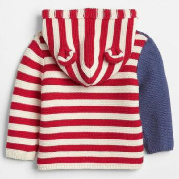 Baby Gap NWT July 4th Stars & Stripes Flag Bear Hoodie Sweater 0-3 Months - Picture 2 of 3
